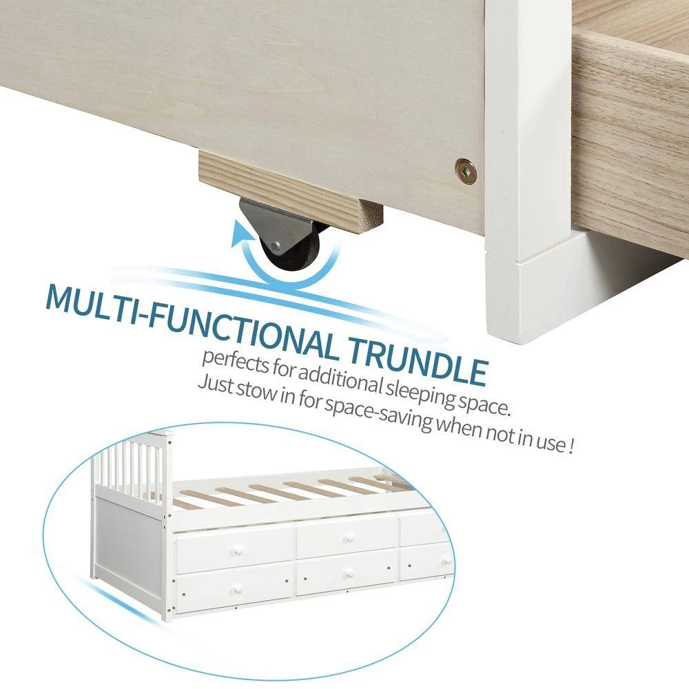 White Captain's Bed Twin Daybed with Trundle Bed and Storage Drawers (76 in. L x 43.5 in. W x 35.75 in. H) by Polibi 9 White Captain's Bed Twin Daybed with Trundle Bed and Storage Drawers (76 in. L x 43.5 in. W x 35.75 in. H) by Polibi - Image 7