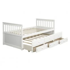White Captain's Bed Twin Daybed with Trundle Bed and Storage Drawers (76 in. L x 43.5 in. W x 35.75 in. H) by Polibi