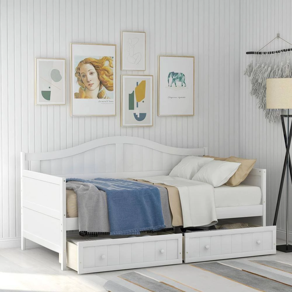 White Twin Wooden Daybed with 2 drawers (78.2 in. L x 42.3 in. W x 35.4 in. H) by Polibi 4 White Twin Wooden Daybed with 2 drawers (78.2 in. L x 42.3 in. W x 35.4 in. H) by Polibi - Image 2