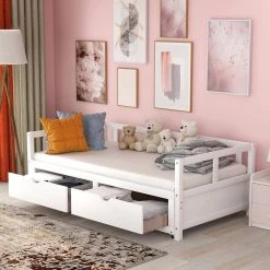 White Wooden Daybed with Trundle and 2 Storage Drawers, Extendable Bed by Polibi -Cheap sumyeg Store white polibi daybeds rs wtbtded w 31 1000