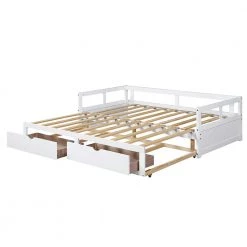 White Wooden Daybed with Trundle and 2 Storage Drawers, Extendable Bed by Polibi