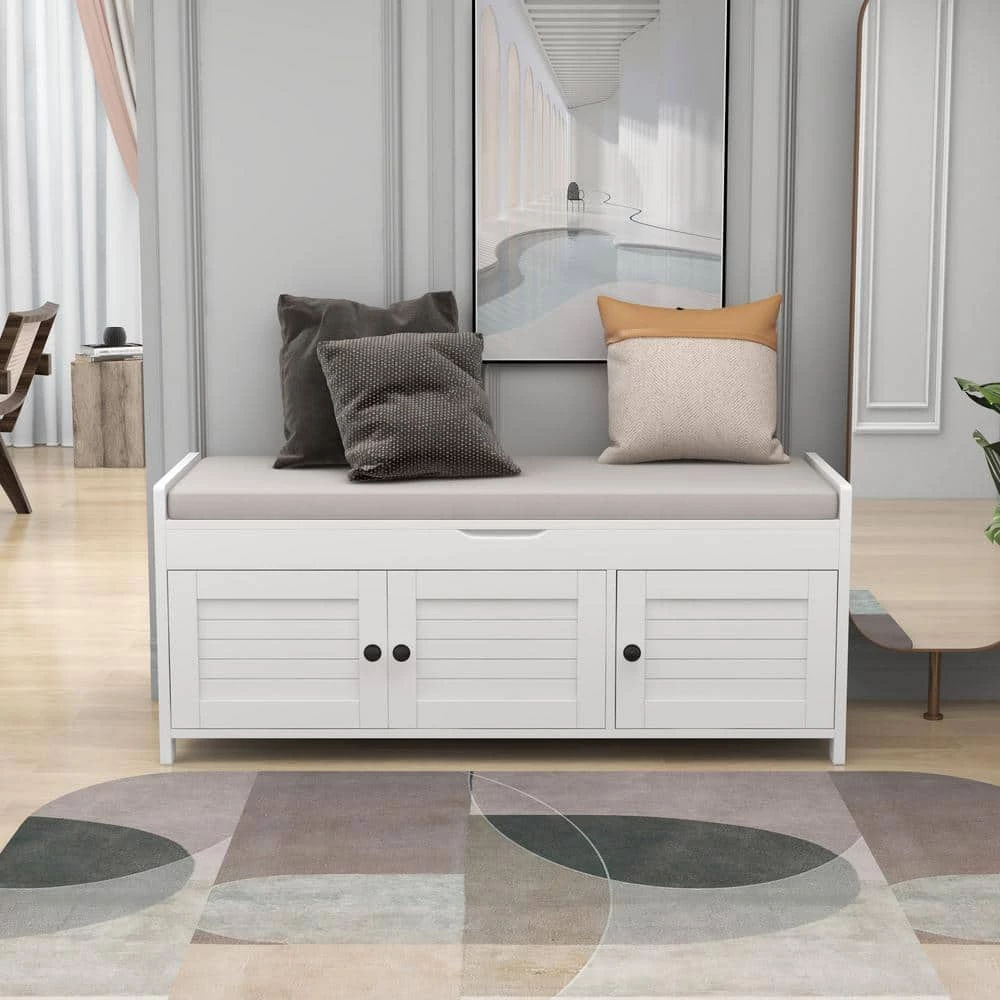 White Storage Bench with Removable Cushion and 3 Shutter-shaped Doors by Polibi 14 White Storage Bench with Removable Cushion and 3 Shutter-shaped Doors by Polibi - Image 12
