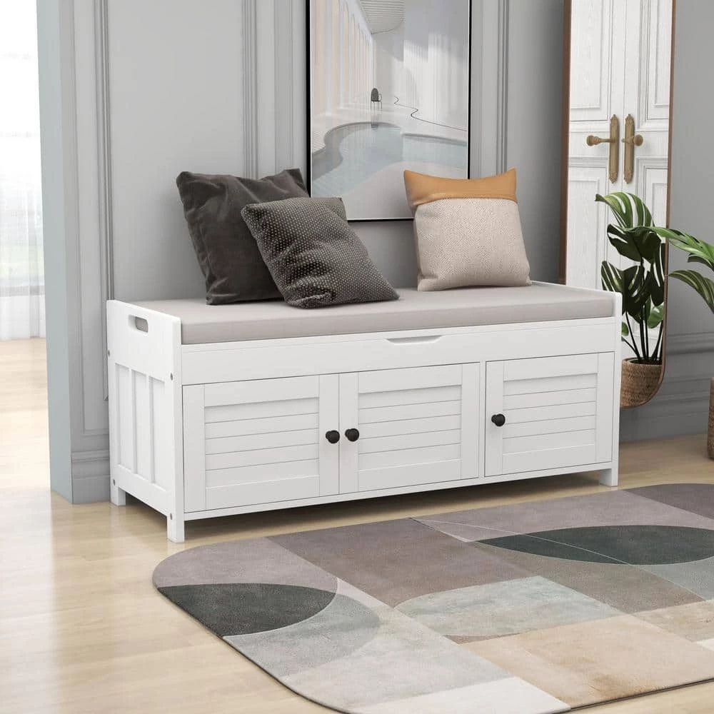 White Storage Bench with Removable Cushion and 3 Shutter-shaped Doors by Polibi 4 White Storage Bench with Removable Cushion and 3 Shutter-shaped Doors by Polibi - Image 2
