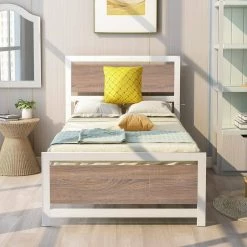 Metal and Wood Twin White Platform Bed with Headboard and Footboard 39 in. W x 39.5 in. H by Polibi -Cheap sumyeg Store white polibi platform beds rs mwbf w 31 1000