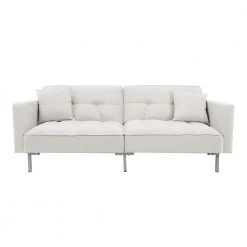 74.75 in. W White Square Arm Linen Upholstered Modern Convertible 2 Seat Sofa Bed with 2 Pillows by Polibi