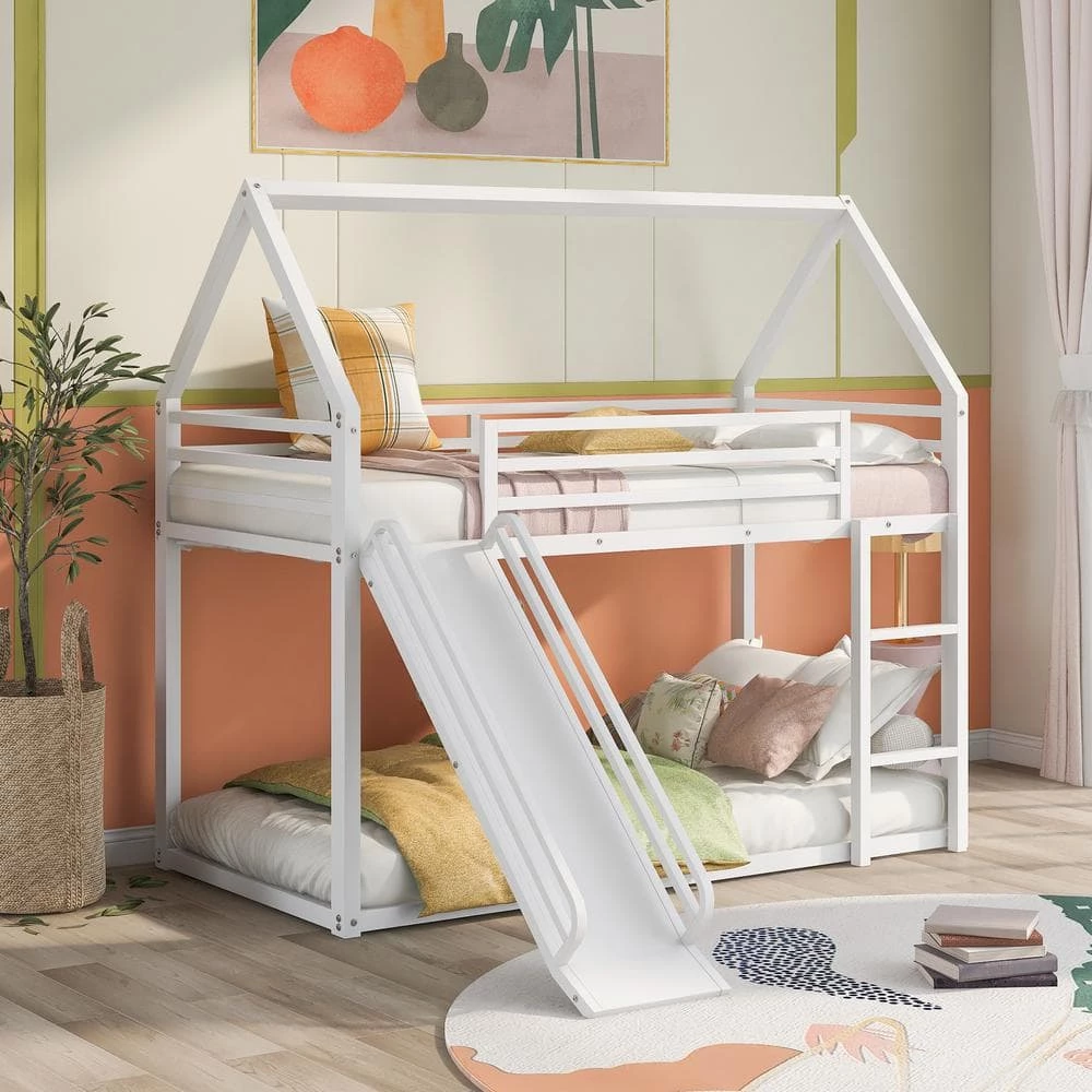 White Twin over Twin Playhouse Bunk Bed with Ladder and Slide(76.5''L x 40.5''W x 71''H) by Polibi 4 White Twin over Twin Playhouse Bunk Bed with Ladder and Slide(76.5''L x 40.5''W x 71''H) by Polibi - Image 2