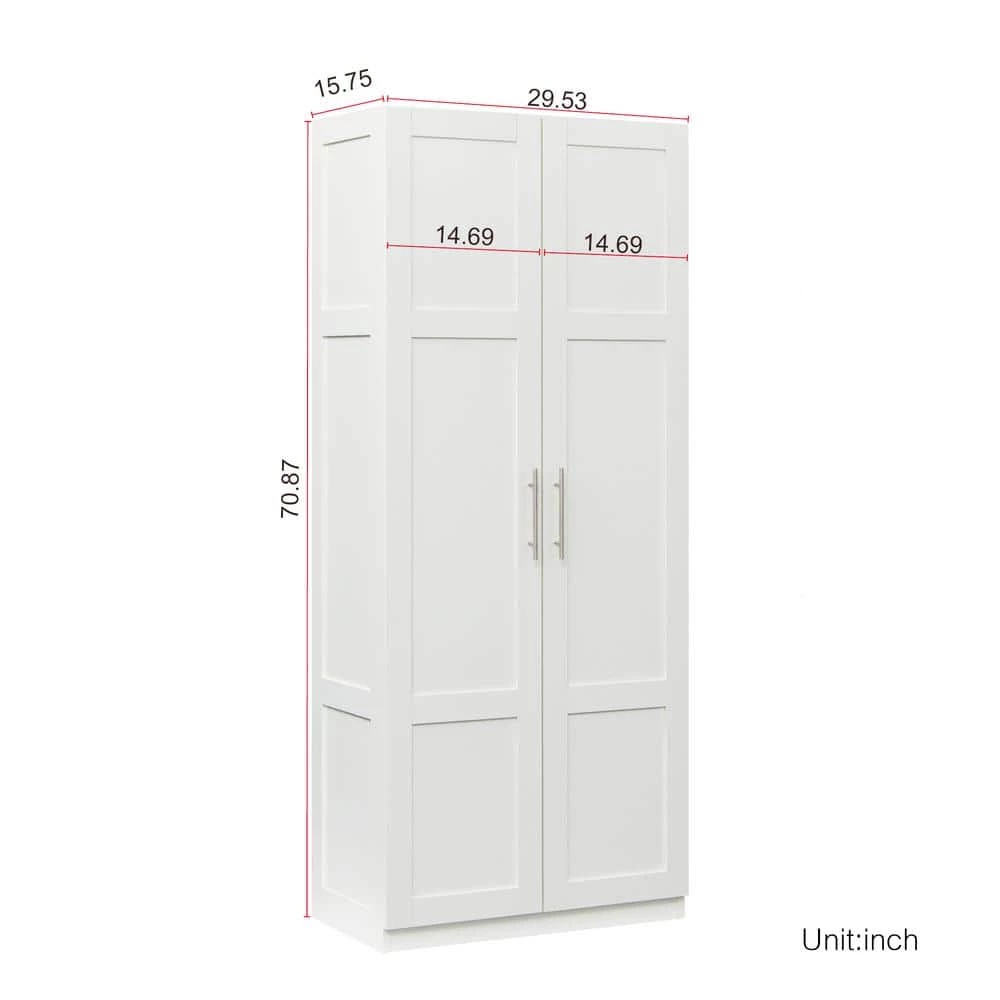 29.53 in. x 15.75 in. x 70.87 in. White Wood Armoires Wardrobe Kitchen Cabinet with 2-Doors and 3-Partitions by sumyeg 3 29.53 in. x 15.75 in. x 70.87 in. White Wood Armoires Wardrobe Kitchen Cabinet with 2-Doors and 3-Partitions by sumyeg - Image 2