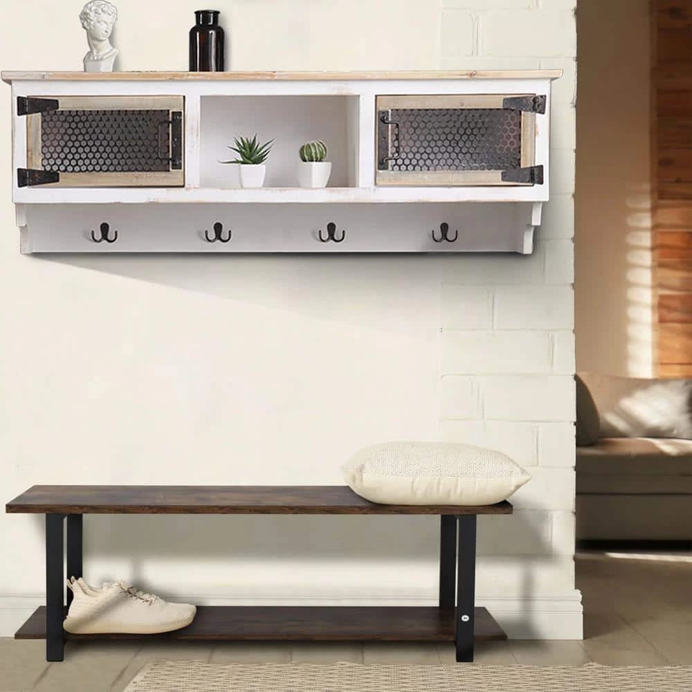 White Modern Wall Mounted Coat Rack Rectangular Entryway Coat with Storage Cubbies and 4-Hooks by sumyeg 8 White Modern Wall Mounted Coat Rack Rectangular Entryway Coat with Storage Cubbies and 4-Hooks by sumyeg - Image 7