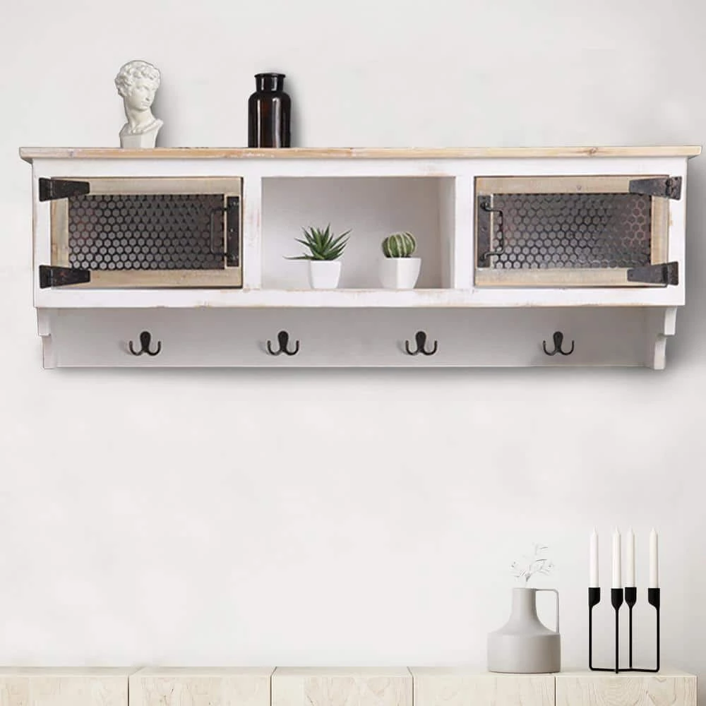 White Modern Wall Mounted Coat Rack Rectangular Entryway Coat with Storage Cubbies and 4-Hooks by sumyeg 4 White Modern Wall Mounted Coat Rack Rectangular Entryway Coat with Storage Cubbies and 4-Hooks by sumyeg - Image 3