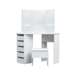 44.88 in. x 24.02 in. x 55.12 in. White Wooden Corner Dressing Table Makeup Desk Vanity Table 3-Fold Mirror 5-Drawers by sumyeg