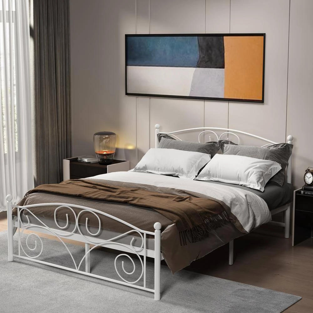 White Modern Full Size Metal Standard Platform Bed Frame with Headboard by sumyeg 11 White Modern Full Size Metal Standard Platform Bed Frame with Headboard by sumyeg - Image 9