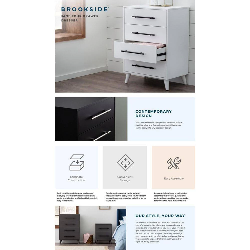 Emery 4-Drawer Wood Dresser (16 in. L x 25 in. W x 36 in. H) by Brookside 8 Emery 4-Drawer Wood Dresser (16 in. L x 25 in. W x 36 in. H) by Brookside - Image 6