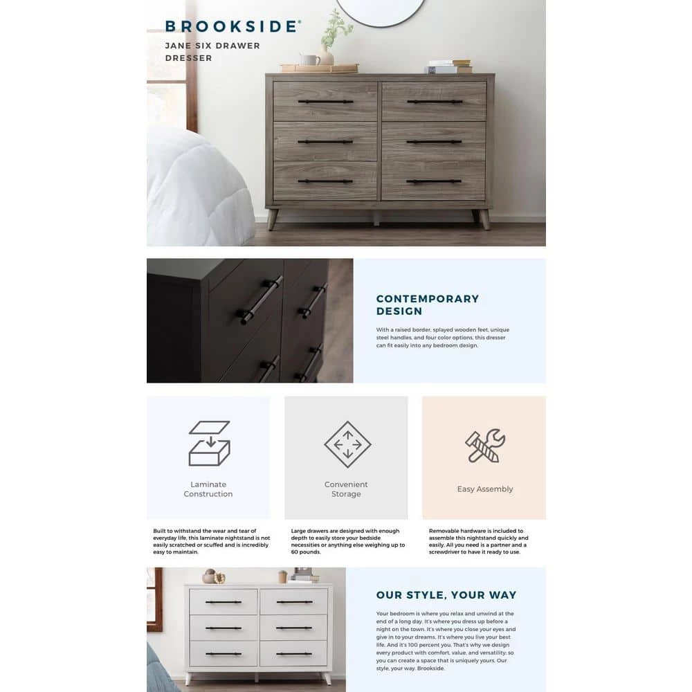 Emery 6-Drawer Wood Dresser (36 in. H x 55 in. W x 16 in. D) by Brookside 8 Emery 6-Drawer Wood Dresser (36 in. H x 55 in. W x 16 in. D) by Brookside - Image 6